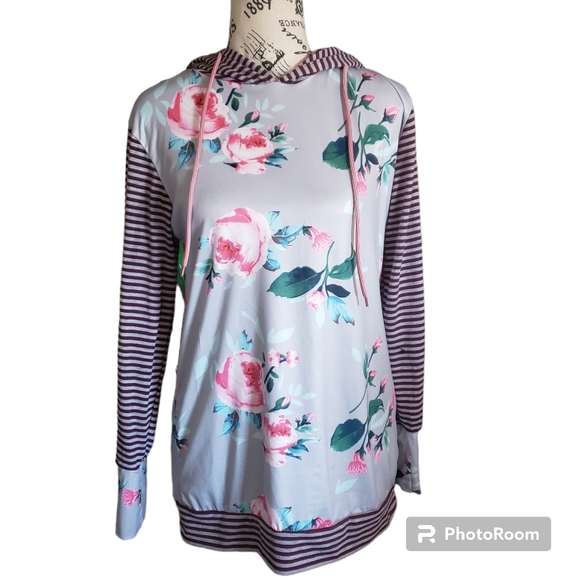 Unbranded long sleeve hoodie floral baseball tee striped drawstring size Small - Picture 1 of 5